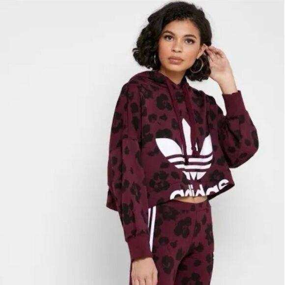 Adidas Originals Bellista Women's Cropped Burgundy Leopard Print Hoodie Small - Picture 1 of 10